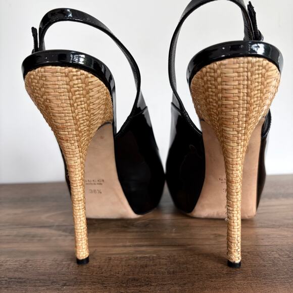 GUCCI Patent Leather Slingback Heels Sz 8.5 / EU 38.5 Black Peep Toe Classic Box - Picture 6 of 11